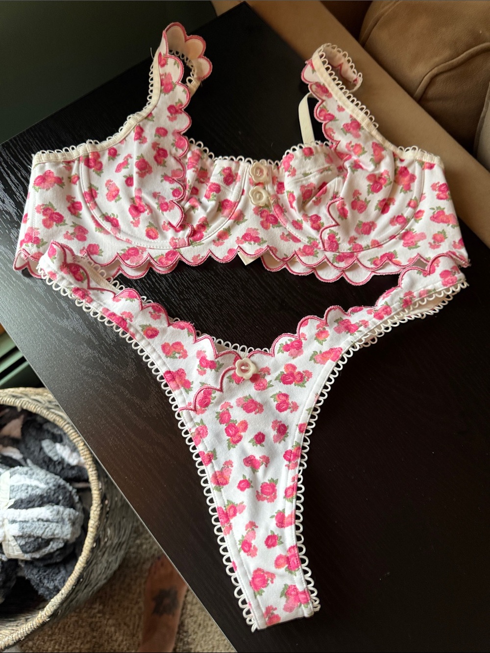 For Love And Lemons White Bra & Thong Set with Pink Floral Scallop Trim NWOT